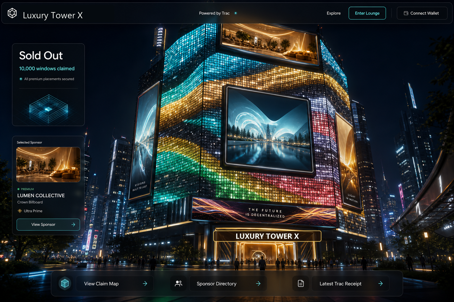Luxury Tower X finished homepage with a sponsored tower, billboards, and powered by Trac branding